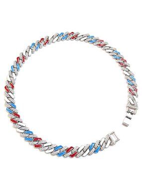 Silver, Red White & Blue Iced-Out Tilted Cuban Gem Link Chain Necklace (20-in)